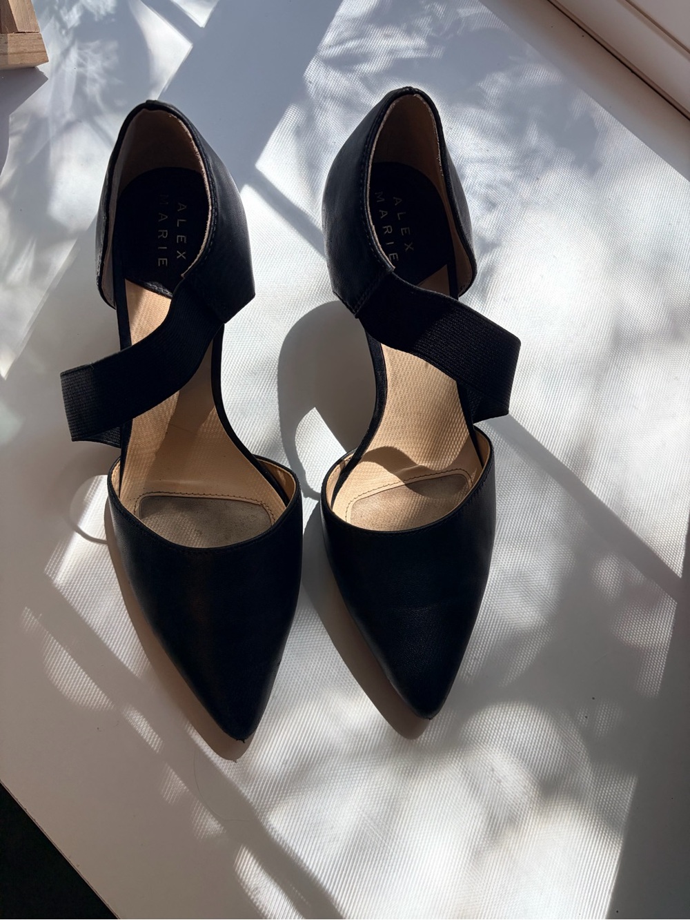 Alex Marie Black Pointed D'Orsay Heels with Cross Strap